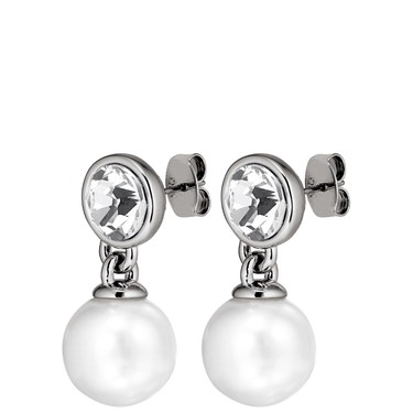 Pair of earrings with pearls and clear gemstones on a white background