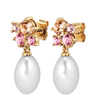 Gold earrings with pink gemstones and pearl drops on a white background