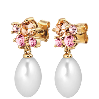 Gold earrings with pink gemstones and pearl drops on a white background