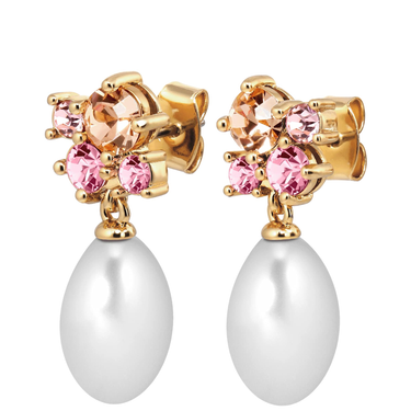 Gold earrings with pink gemstones and pearl drops on a white background