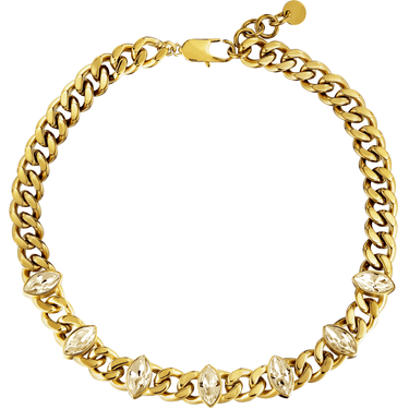 Gold chain necklace with crystal-like accents on a white background