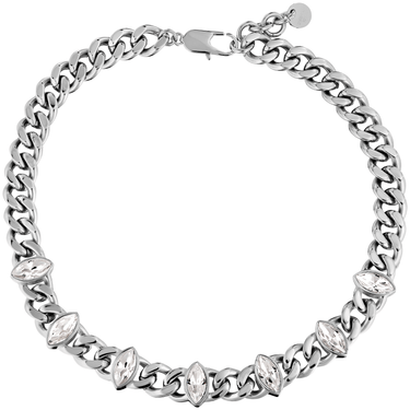 Silver chain bracelet with clear gemstones on a white background