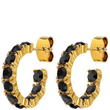 Gold hoop earrings with black gemstones on a white background