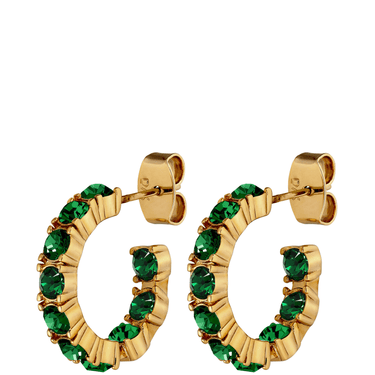 Gold hoop earrings with green gemstones on a white background