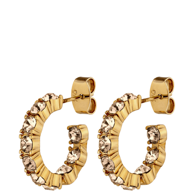 Gold hoop earrings with embedded crystals on a white background