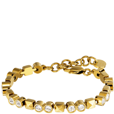 Gold bracelet with geometric links and clear stones on a white background