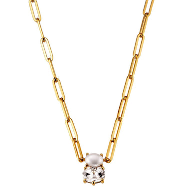 A gold paperclip chain necklace featuring a pendant with a white pearl and a clear faceted crystal, set against a plain white background.