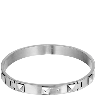 Silver bracelet with geometric design on a white background