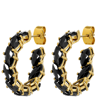 Gold and black hoop earrings on a white background