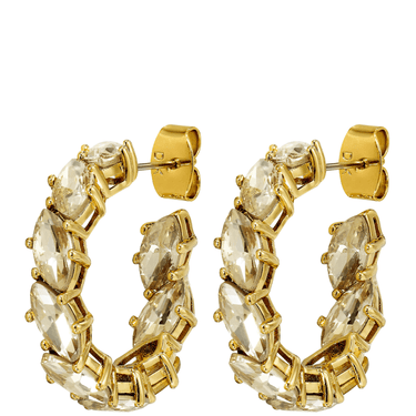 Gold hoop earrings with clear gemstones on a white background