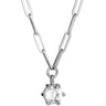 Silver necklace with a clear crystal pendant on a white background