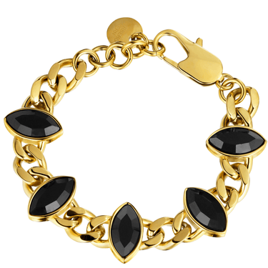 Gold chain bracelet with black gemstones on a white background