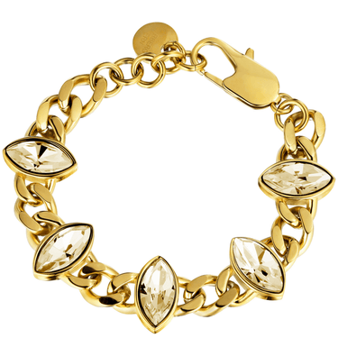 Gold chain bracelet with heart-shaped crystals on a white background