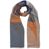 A multicolor geometric patterned scarf with fringed edges, featuring blocks of slate blue, gray, rust orange, and beige, displayed on a clean white background.