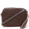 A dark brown suede crossbody bag with a matching brown leather strap and gold-tone hardware, shown on a clean white background.