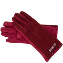 A pair of burgundy fleece gloves with a matching leather wrist strap and bow, displayed on a clean white background.