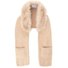 A beige knit scarf with a thick, fluffy faux-fur collar and two front patch pockets, shown against a plain white background.