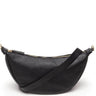 Black pebbled leather crescent-shaped crossbody bag with a gold zipper and a matching leather strap, shown on a plain white background.