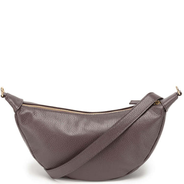Gray leather handbag with a shoulder strap on a white background
