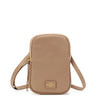 A beige pebbled leather crossbody bag with a small rectangular brand patch on the front, photographed against a clean white background.