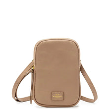 A beige pebbled leather crossbody bag with a small rectangular brand patch on the front, photographed against a clean white background.