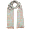 A lightweight woven scarf with a geometric basketweave pattern in pale blue and soft beige, finished with fringed ends, shown on a plain white background.
