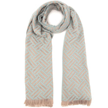 A lightweight woven scarf with a geometric basketweave pattern in pale blue and soft beige, finished with fringed ends, shown on a plain white background.