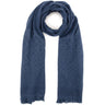 A navy blue scarf with a textured, eyelet-knit pattern and fringed ends, draped on a white background.
