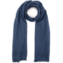 A navy blue scarf with a textured, eyelet-knit pattern and fringed ends, draped on a white background.