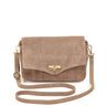 A taupe suede crossbody bag with a gold-tone turn-lock clasp and a matching adjustable shoulder strap, displayed on a clean white background.