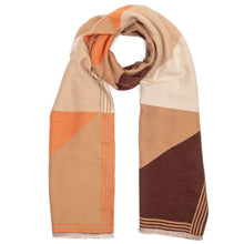 A geometric color-blocked scarf in beige, orange, cream, and dark brown, featuring a fringed edge and thin striped detailing, shown on a plain white background.