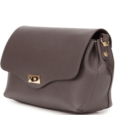chocolate brown leather handbag with a gold clasp on a white background