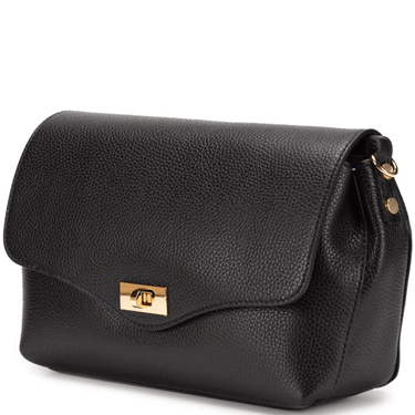 Black leather handbag with gold clasp on a white background