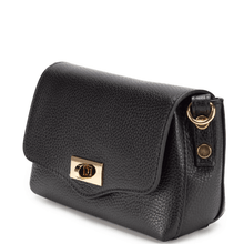 Black leather handbag with gold accents on a white background