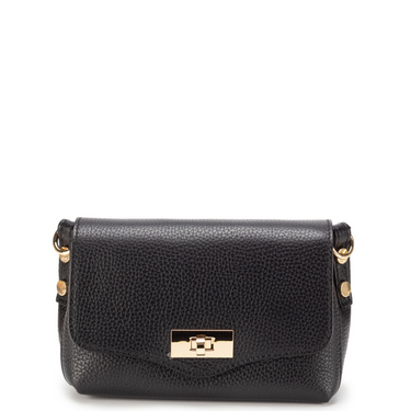 Black handbag with gold accents on a white background