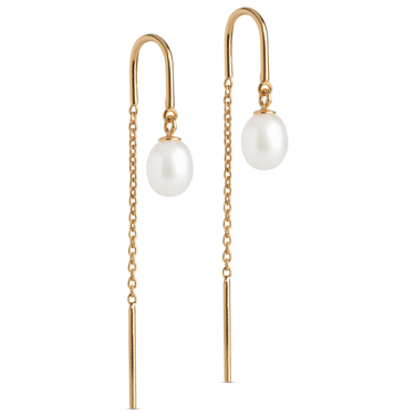 Gold earrings with pearl drops on a white background