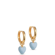 gold hoop earrings with blue heart charm