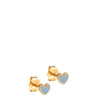 Gold heart-shaped earrings with blue enamel on a white background