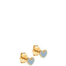 Gold heart-shaped earrings with blue enamel on a white background