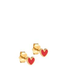 Gold heart-shaped earrings with red hearts on a white background
