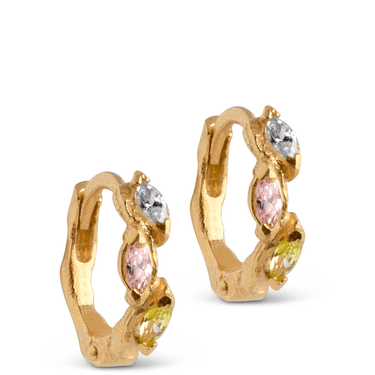 Gold hoop earrings with multicolored gemstones on a white background