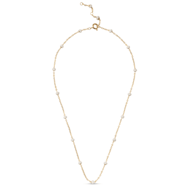 Gold necklace with small beads on a white background