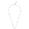 Gold necklace with blue and white beads on a white background
