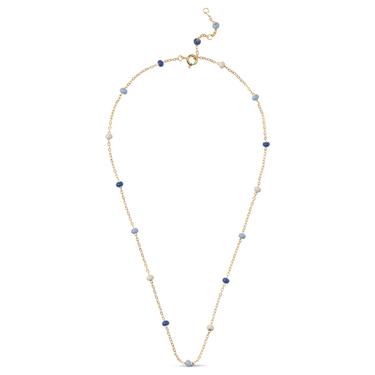Gold necklace with blue and white beads on a white background