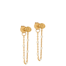 gold earrings with white beads