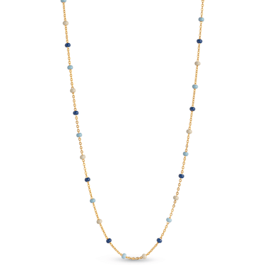 Multicolored beaded necklace on a white background