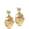 Gold earrings with a textured design on a white background