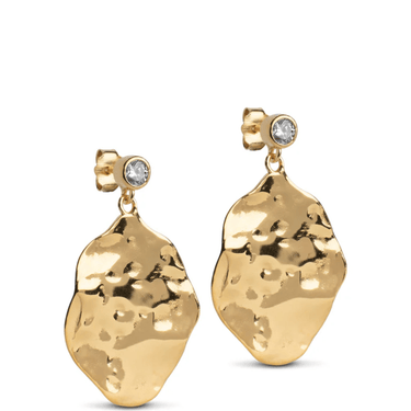 Gold earrings with a textured design on a white background