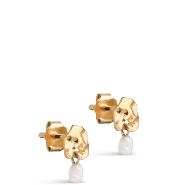 Gold earrings with white pearls on a white background