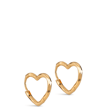 Gold heart-shaped hoop earrings on a white background